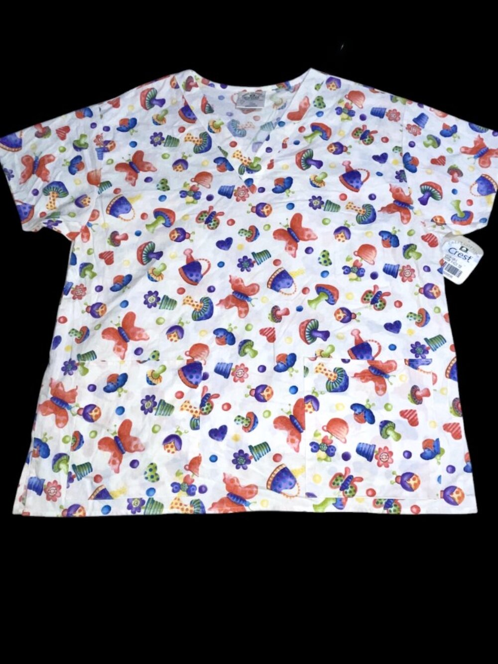 Mushroom Butterfly Ladybug Scrub Top Women Large White Blue Whimsical Crest New